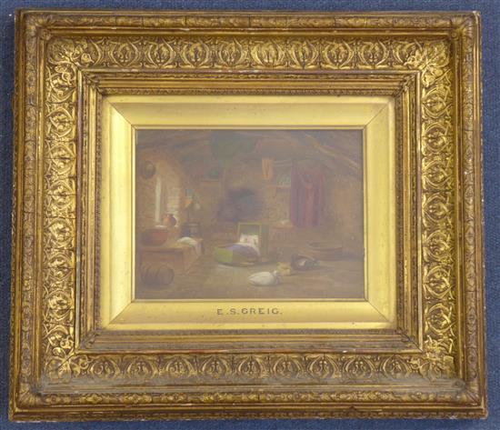 E.S. Greig (19th C.) Cottage interior with sleeping infant, 6 x 8in.